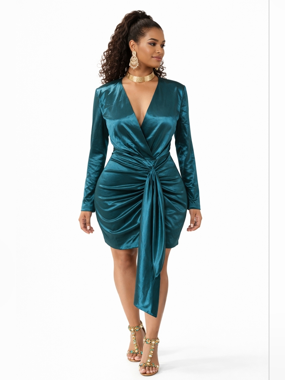 Satin Teal Long-Sleeve Wrap Dress with Front Knot